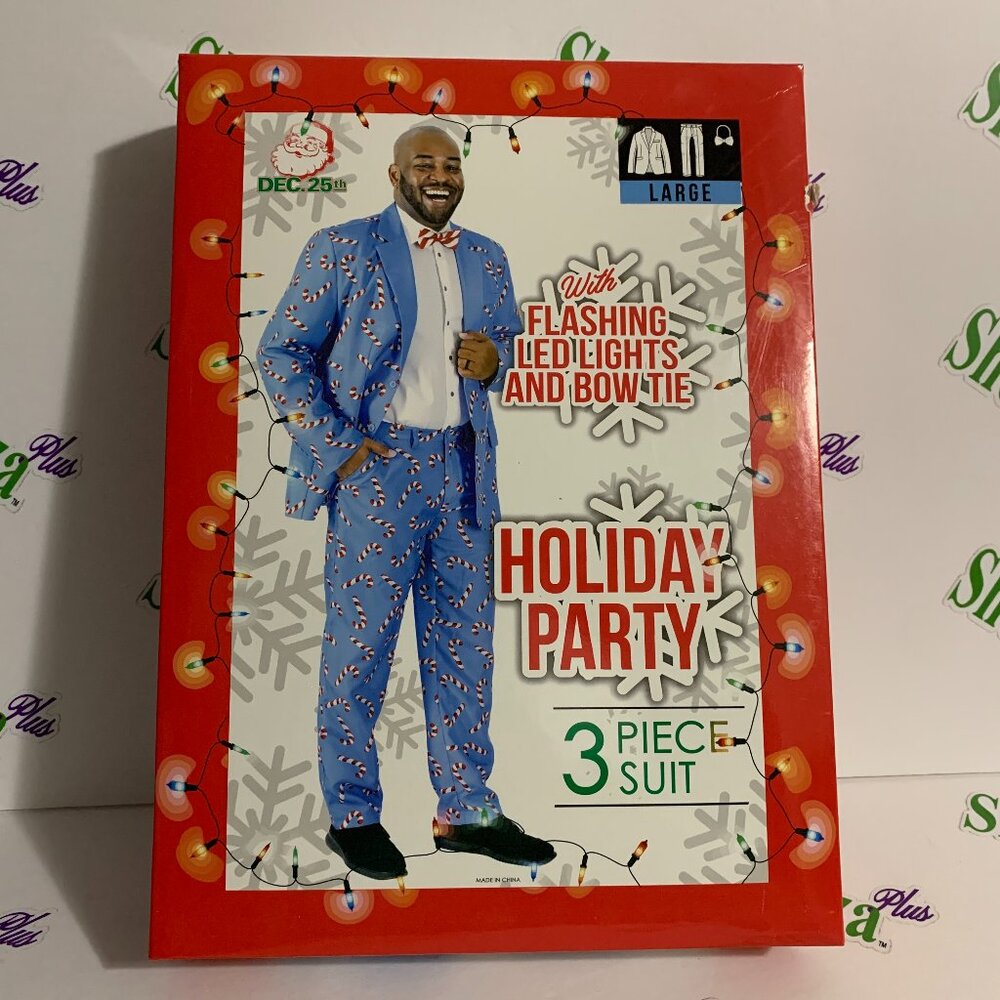Ugly Christmas Suit DEC 25TH 3 Piece Light Up Bow Tie Candy Cane Blue L